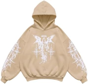 Men's Y2k Gothic Graphic Hoodie Sweatshirt Khaki, Khaki