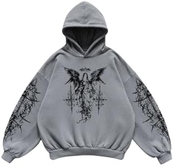 Men's Y2k Gothic Graphic Hoodie Sweatshirt Light Grey, Light Grey