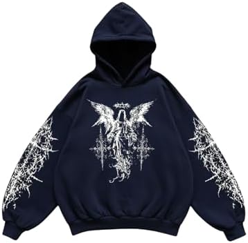 Men's Y2k Gothic Graphic Hoodie Sweatshirt Purplish Blue, Purplish Blue