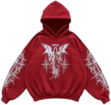 Men's Y2k Gothic Graphic Hoodie Sweatshirt Red, Red