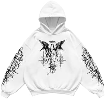 Men's Y2k Gothic Graphic Hoodie Sweatshirt White, White