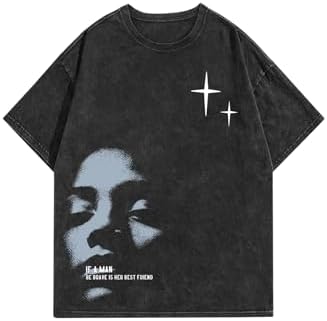 Men's Y2k Graphic Tees Short Sleeve Crew Neck Grunge Shirts, Face Black