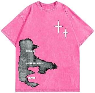 Men's Y2k Graphic Tees Short Sleeve Crew Neck Grunge Shirts, Pink