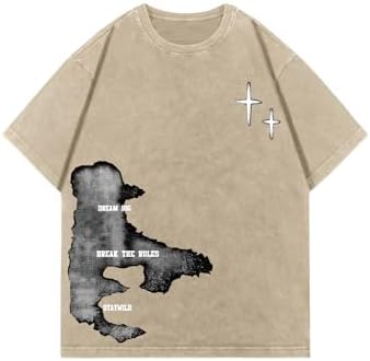 Men's Y2k Graphic Tees Short Sleeve Crew Neck Grunge Shirts, Light Kahki