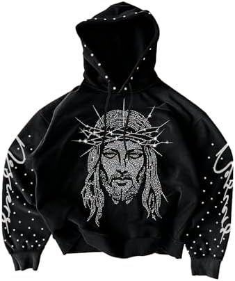 Men's Y2k Oversized Graphic Rhinestone Hoodie Sweatshirts Hiphop Streetwear