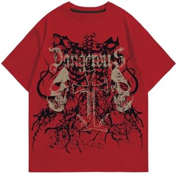 Men's Y2k Tops Gothic Skull Cross Graphic Tees Grunge T, Burgundy