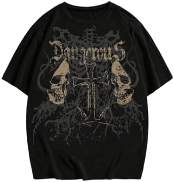 Men's Y2k Tops Gothic Skull Cross Graphic Tees Grunge T, Dark Black