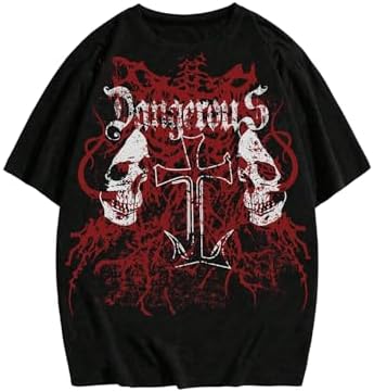 Men's Y2k Tops Gothic Skull Cross Graphic Tees Grunge T, Black