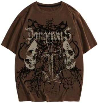 Men's Y2k Tops Gothic Skull Cross Graphic Tees Grunge T, Rust Brown