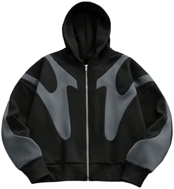 Men's Zip Up Hoodie Color Block Hooded Sweatshirt Long, Black Grey
