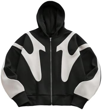 Men's Zip Up Hoodie Color Block Hooded Sweatshirt Long, Black