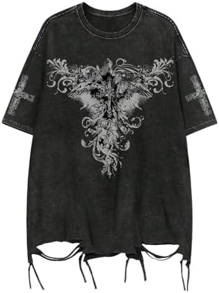 Mens Graphic Tees Y2k Shirts Grunge Tshirts Emo Scene, Black Grey