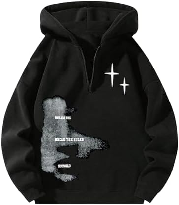 Mens Quarter Zip Hoodie Long Sleeve Drop Shoulder Fleece, Face Black