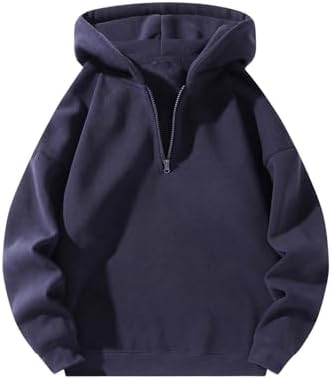 Mens Quarter Zip Hoodie Long Sleeve Drop Shoulder Fleece, Blue