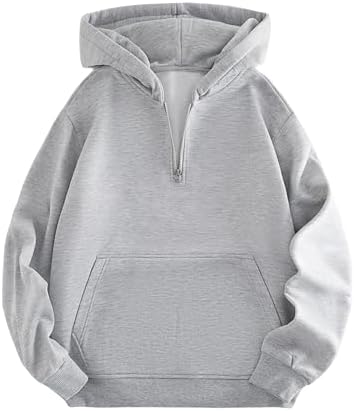 Mens Quarter Zip Hoodie Long Sleeve Drop Shoulder Fleece, Grey
