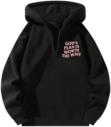 Mens Quarter Zip Hoodie Long Sleeve Drop Shoulder Fleece, God Black