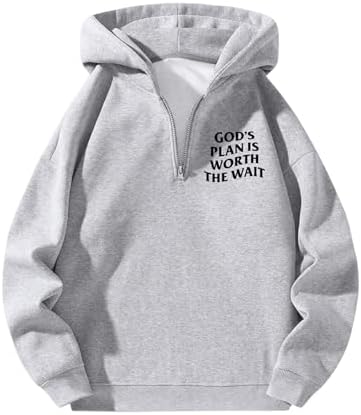 Mens Quarter Zip Hoodie Long Sleeve Drop Shoulder Fleece, God Grey