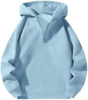 Mens Quarter Zip Hoodie Long Sleeve Drop Shoulder Fleece, Sky Blue