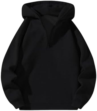 Mens Quarter Zip Hoodie Long Sleeve Drop Shoulder Fleece, Solid Black
