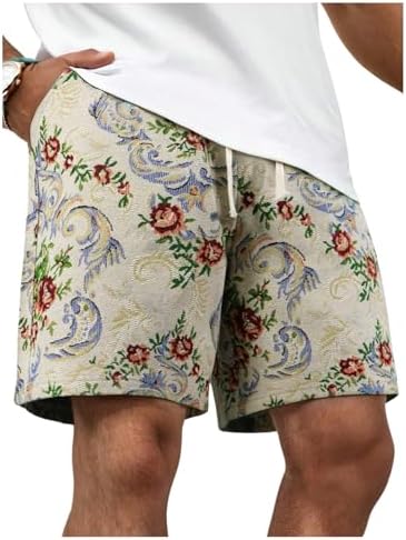 Mens Shorts Boho Paisley Summer Vacation Short Drawstring, Beige Floral