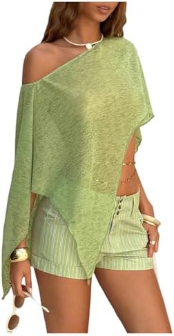 Off The Shoulder Sheer Asymmetrical Poncho Going Out Tops Lime Green Medium