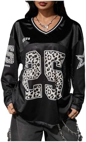 Oversized Leopard Y2K Jersey Shirts Number Graphic Tees Long Sleeve Tops