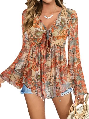 Paisley Boho 70s Mesh Tops Western Outfits Lettuce Trim Peplum V Neck Long