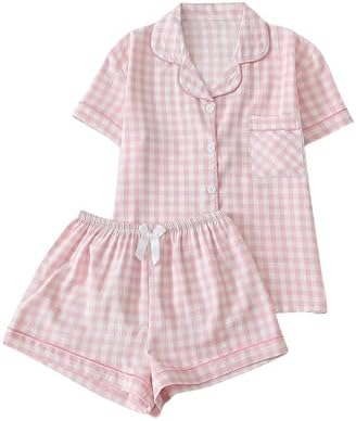 Pajamas Sets 2 Piece Gingham Cute Button Down Shirts with Shorts