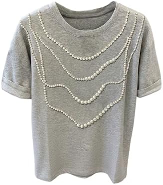 Pearl Beaded Dressy Casual Tops Basic Tees Elegant T Shirts Light Grey Medium