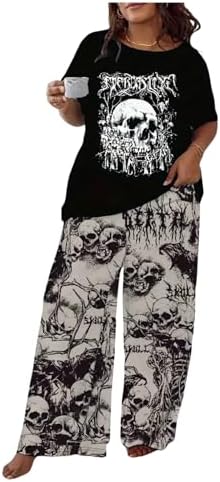 Plus Size 2 Piece Skull Graphic Pajama Set Gothic Short Sleeve Tee Top and