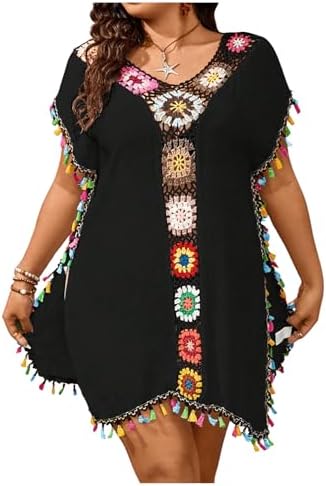 Plus Size Boho Tassel Beach Cover Ups Swimsuit 70s V Neck Short Sleeve Black