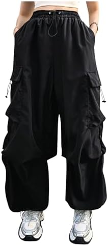Plus Size Cargo Pants Drawstring High Waist Flap Pocket Loose Trousers Black