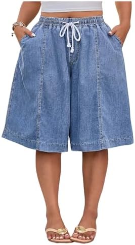 Plus Size Denim Baggy Jorts Wide Leg Knee Length Jean Shorts with Pockets