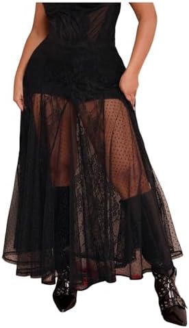 Plus Size Lace Mesh Sheer Maxi Skirt Flowy Flared High Waisted Tulle Skirts
