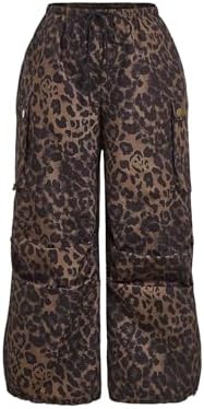 Plus Size Leopard Print Cargo Pants Drawstring High Waisted Wide Leg Baggy