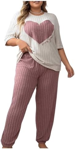 Plus Size Ribbed Pajama Set 2 Piece Half Sleeve Top and Pants White Pink 3XL