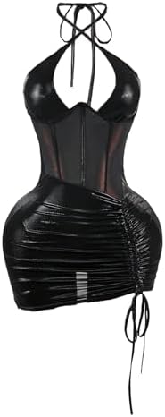 Rave Metallic Crisscross Halter Dresses Drawstring Ruched Party Dress Black