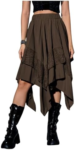 Renaissance Flowy Lace Asymmetrical Skirt Whimsical Clothes, Coffee Brown