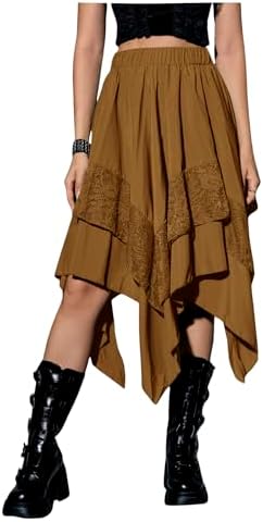 Renaissance Flowy Lace Asymmetrical Skirt Whimsical Clothes, Copper Brown