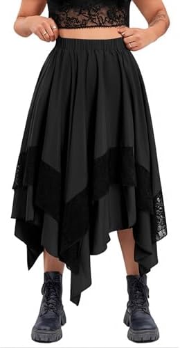 Renaissance Flowy Lace Asymmetrical Skirt Whimsical Clothes, Dark Black