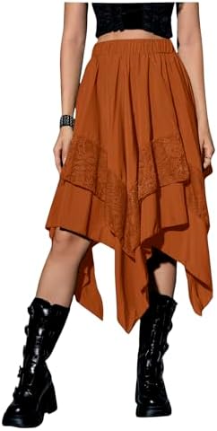 Renaissance Flowy Lace Asymmetrical Skirt Whimsical Clothes, Rust Brown