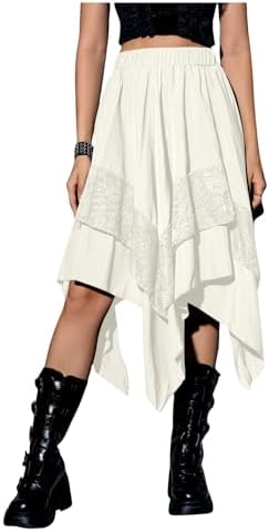 Renaissance Flowy Lace Asymmetrical Skirt Whimsical Clothes, Beige