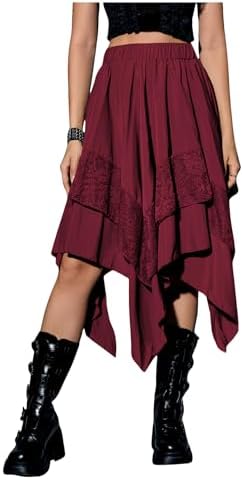Renaissance Flowy Lace Asymmetrical Skirt Whimsical Clothes, Burgundy