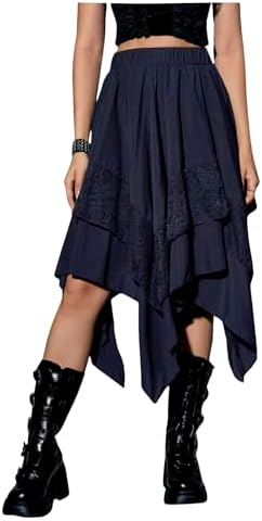 Renaissance Flowy Lace Asymmetrical Skirt Whimsical Clothes, Dark Blue