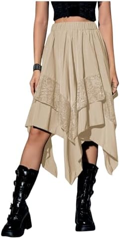 Renaissance Flowy Lace Asymmetrical Skirt Whimsical Clothes, Khaki