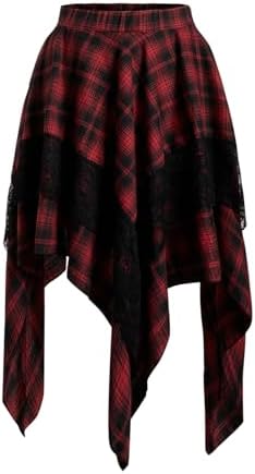 Renaissance Flowy Lace Asymmetrical Skirt Whimsical Clothes, Plaid Red
