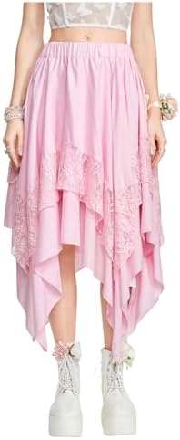 Renaissance Flowy Lace Asymmetrical Skirt Whimsical Clothes, Pure Pink