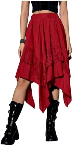 Renaissance Flowy Lace Asymmetrical Skirt Whimsical Clothes, Red