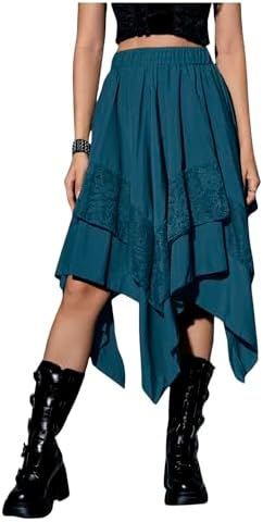 Renaissance Flowy Lace Asymmetrical Skirt Whimsical Clothes, Teal Blue