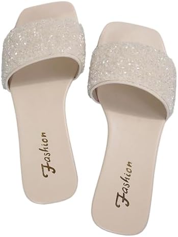 Rhinestone Slip on Dressy Sandals Vacation Square Open Toe Leather Prom Flats